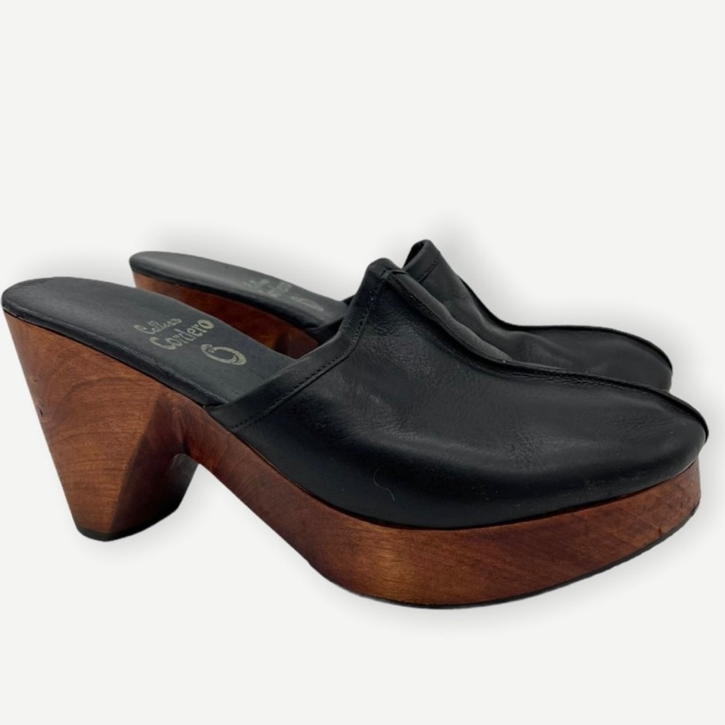 Calleen Cordero Mule Clogs Black Leather Wooden Size 7